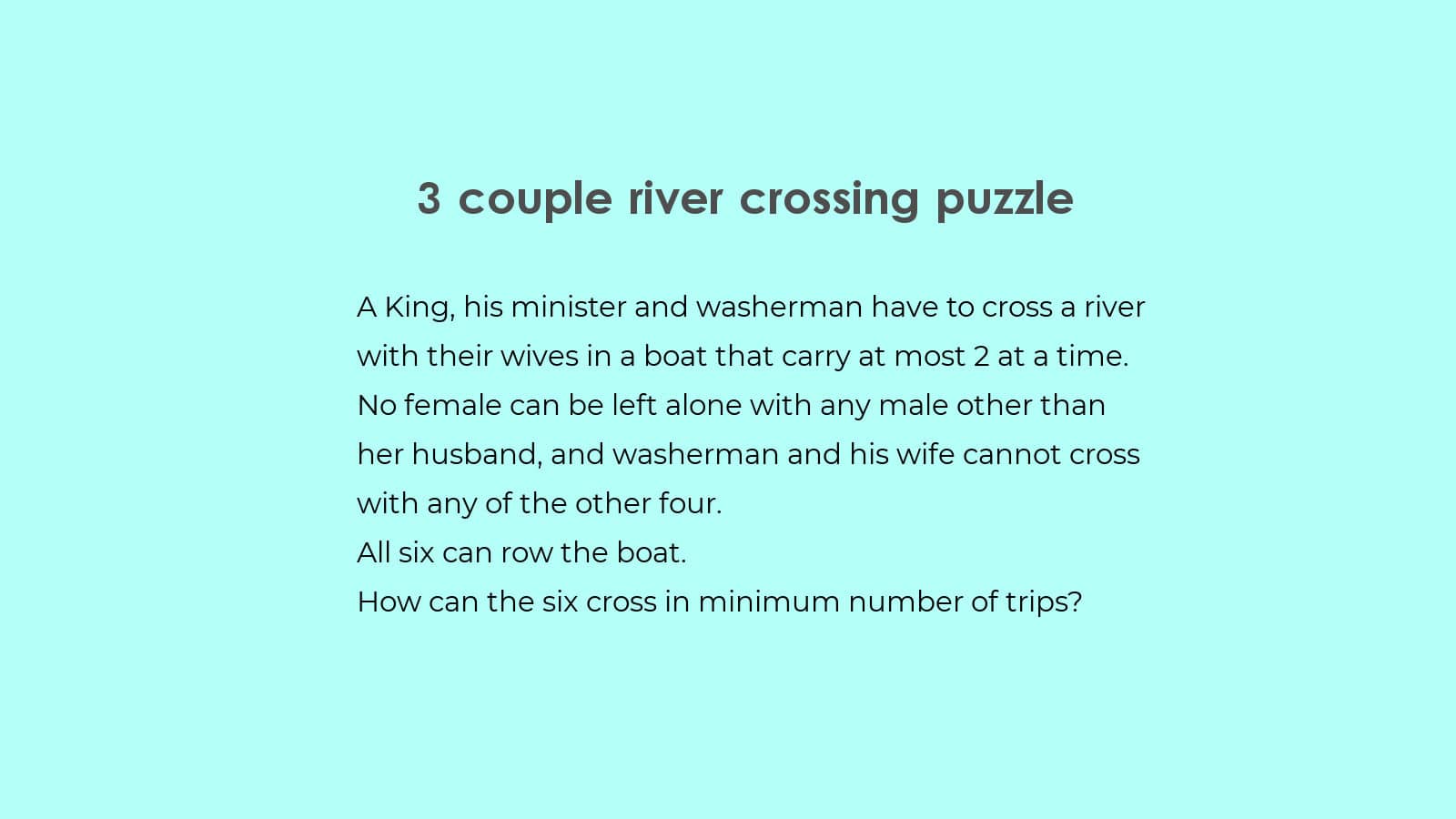 3 couples river crossing puzzle