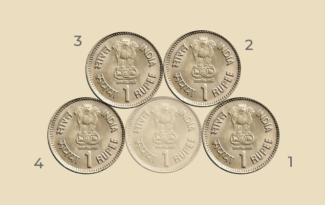 Four touching coins with 5th virtual coin touching the four