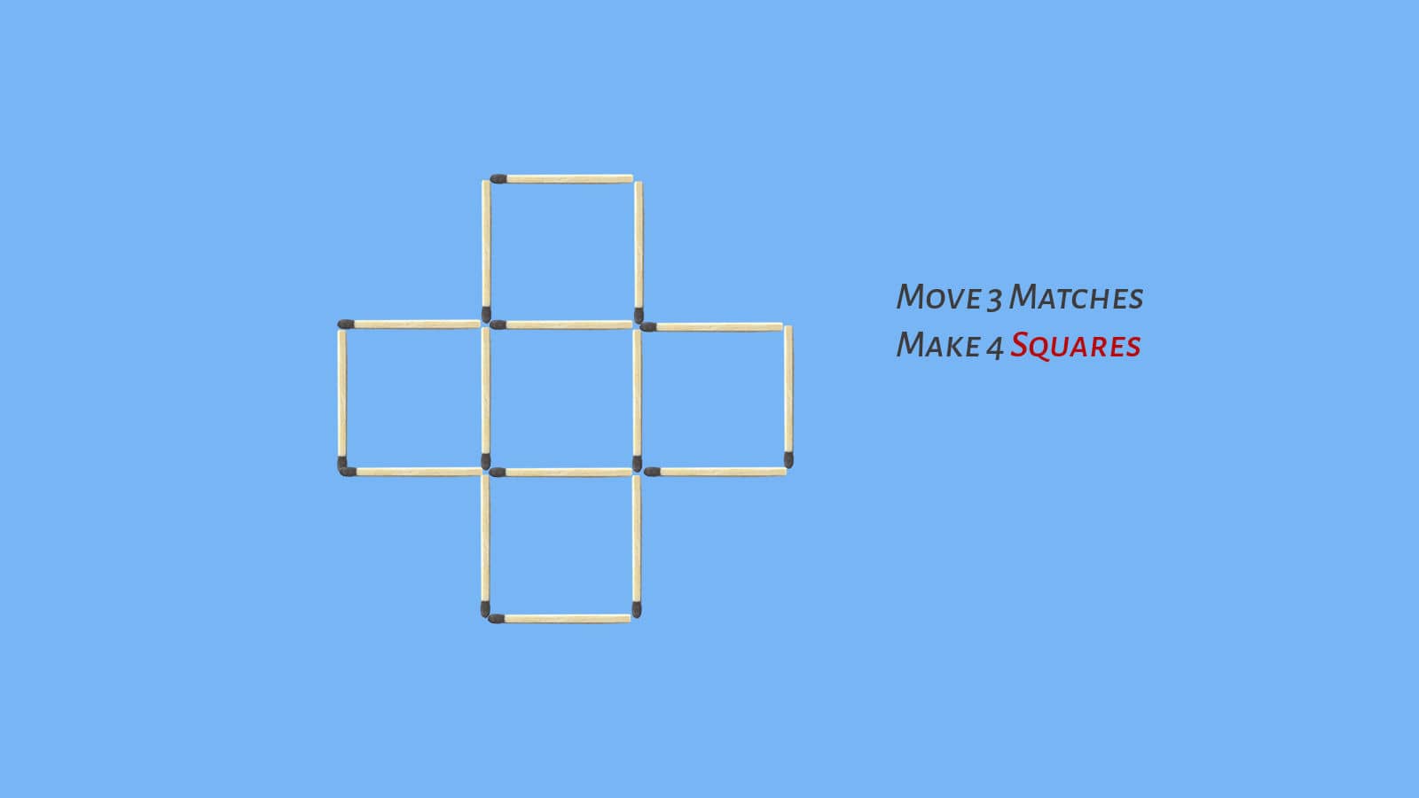 Move 3 matches to make 4 squares from 5 squares matchstick puzzle figure