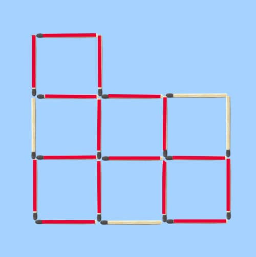 Move 3 matches to make 5 equal squares puzzle: 4 existing independent squares