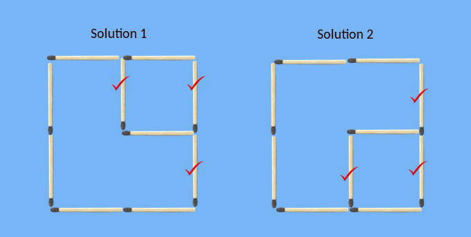 1st move 3 matches to make 2 squares matchstick puzzle solutions