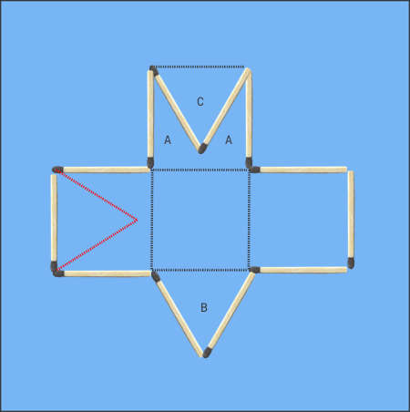 Move 4 matches to form 3 square area matchstick puzzle area reduction by one-half square
