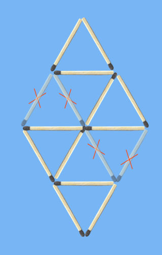 Move 4 matches to leave 4 equal triangles puzzle: 4 matches removed solution