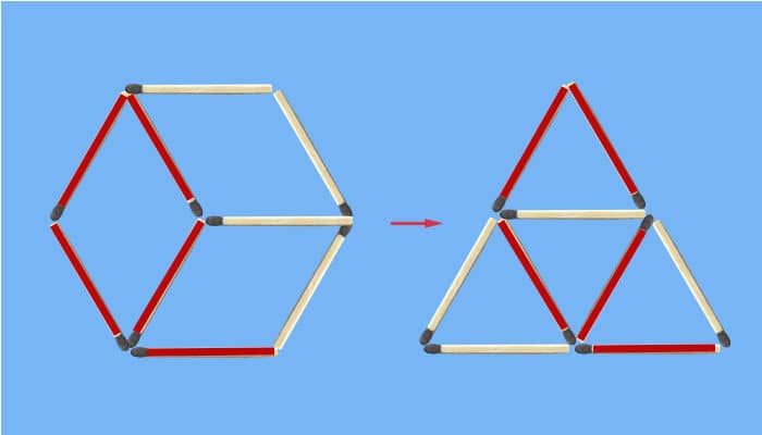Move 4 matches to make 5 triangles puzzle: Common sticks between initial and final figures