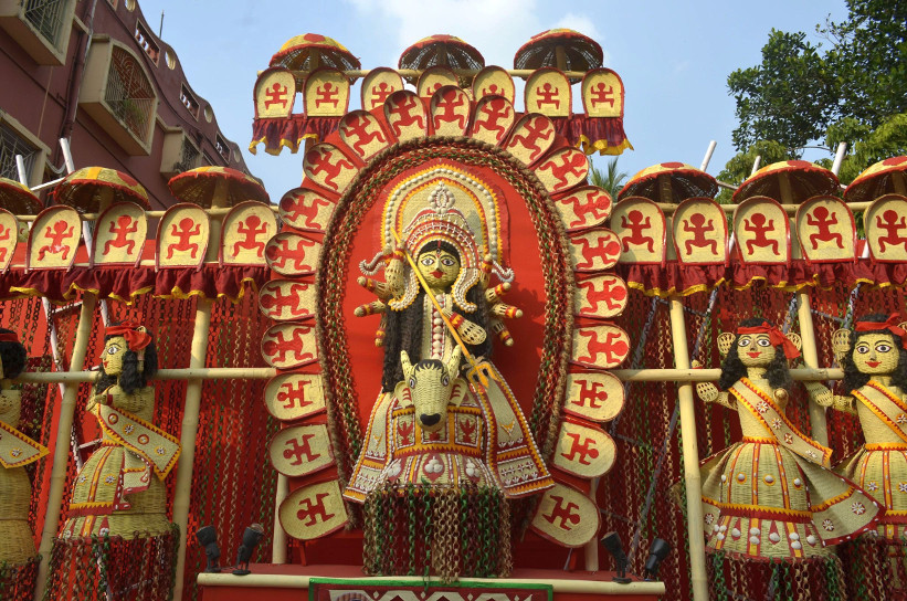 Courtyard walls adorned with Bengali jute and bamboo strip folk art, Durga Puja 2015